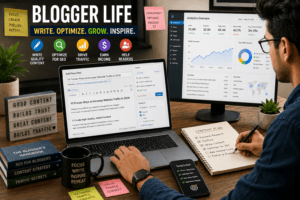 Professional blogger building online business authority with SEO and offer templates