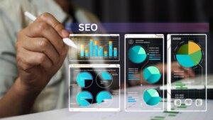 SEO analytics dashboard showing website traffic growth, search engine optimization performance, and blogging content analytics.