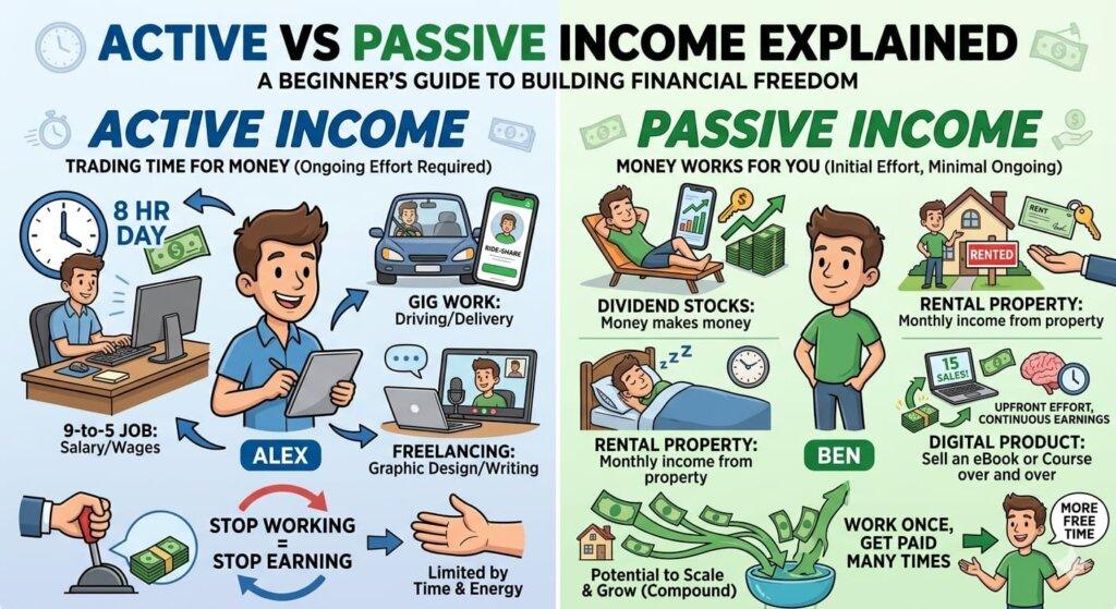 active vs passive income explained with examples for beginners