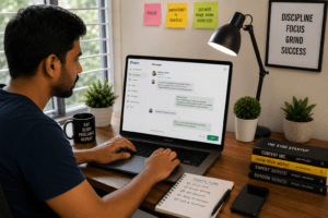 Freelancer replying professionally to Fiverr client messages while working remotely