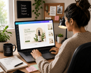Beginner Canva designer creating Fiverr gig graphics for online freelance income